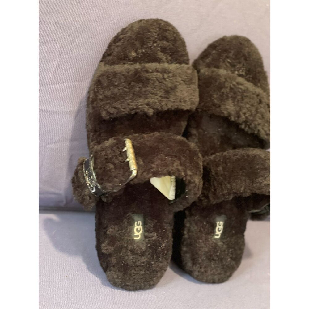 UGG Fuzz Yeah Black Sheepskin Slipper Slides Sandals Platforms Women Sz 10